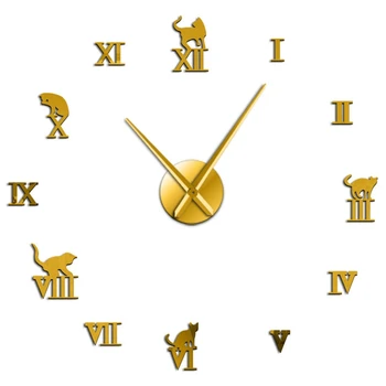 

3D Large Wall Clock DIY Modern Frameless Home Decor Cat Big Clock Mirror for Bedroom Living Room Kittens Kitty Wall Decor Gold