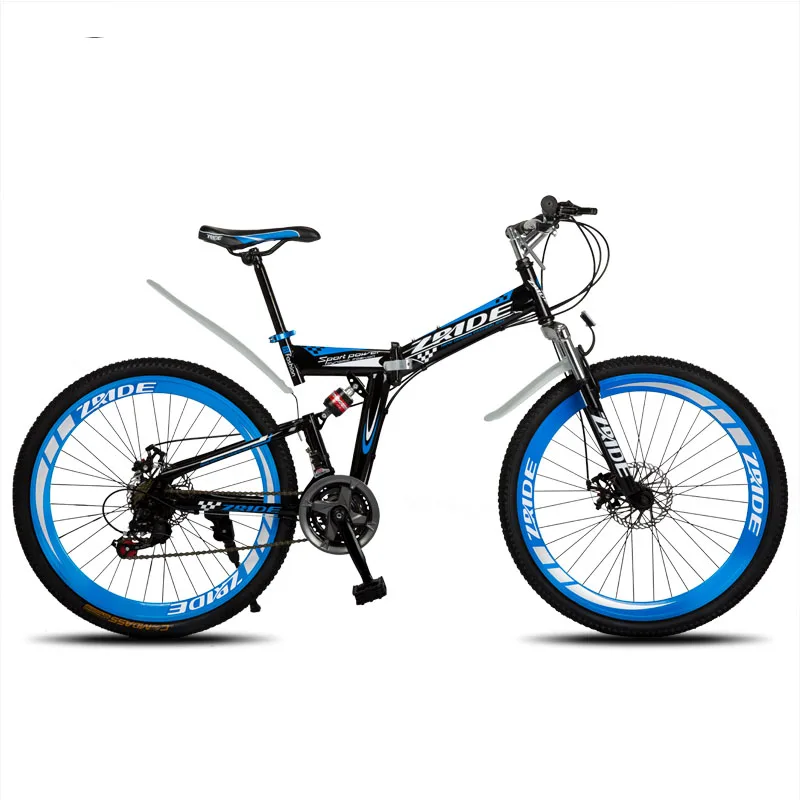 Горный велосипед 24 дюйма 21/24/27/30 Скорость складной горный велосипед двойной дисковый тормоз подходит для взрослых - Цвет: black blue
