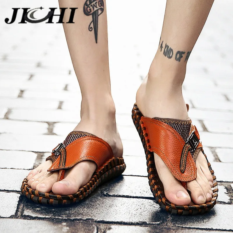 JICHI Brand Men Flip Flops Genuine Leather Summer Men Slippers Comfortable Beach Sandals Mens Casual Shoes Fashion Free Shipping