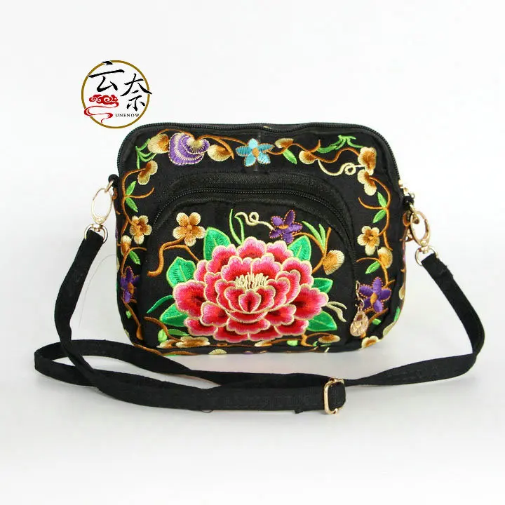 

Cross Border for New Style Canvas Embroidery Cross-body Purse Phone Bag Ethnic-Style Double-Sided Embroidered Three Layer Should