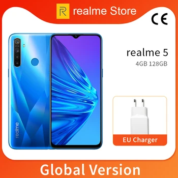 Перейти на Алиэкспресс и купить Глобальная версия realme 5 4 Гб 128 ГБ 6,5 ''мобильный телефон Snapdragon 665 Восьмиядерный 12 МП четырехъядерный мобильный телефон 5000 мАч 10 Вт EU зарядное у...