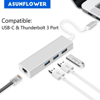 

Type C to 3 Port USB 3.0 HUB With 10 100 1000M RJ45 Port Lan Adapter Laptop Gigabit Ethernet Wired Network Card USB C Splitter