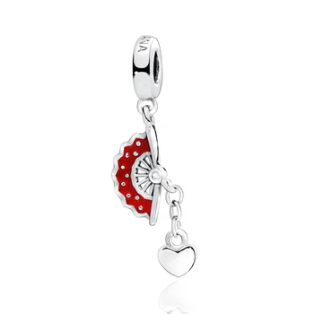 

Fashion Jewelry 925 Sterling Silver Beads Fit Original Pandora Bracelets Fan and Heart Dangle Charm DIY Women Gift