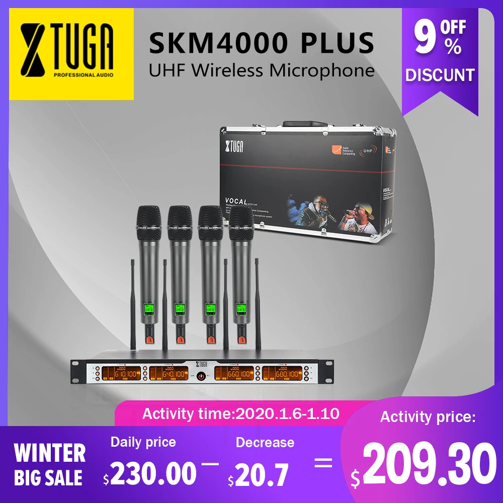 

XTUGA SKM4000 PLUS Professional 4*100 Channels UHF wireless microphone system Metal Built, Selectable Frequency, Up to 260Ft