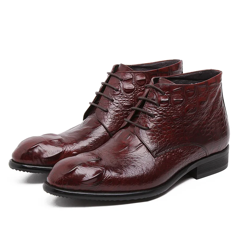 

Ankle Boots Men Crocodile Pattern Leather Boots Round Toe Leather Boots Botas Hombre Short Wedding Shoes