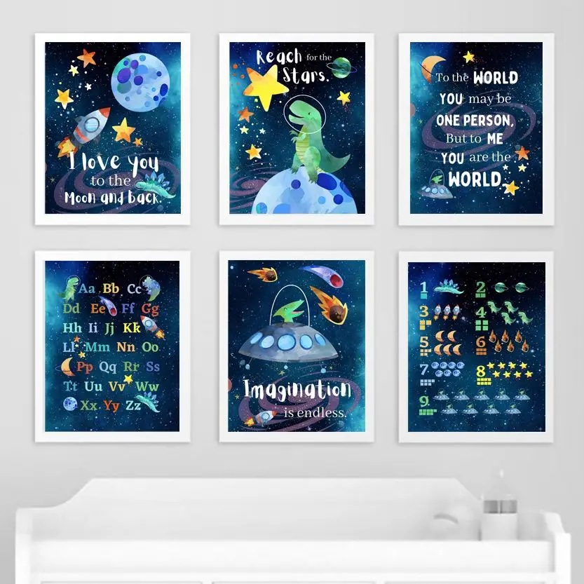 Space Dinosaur UFO Education Number Alphabet Nursery Wall Art Print Canvas Painting Nordic Poster Decor Pictures Baby Kids Room