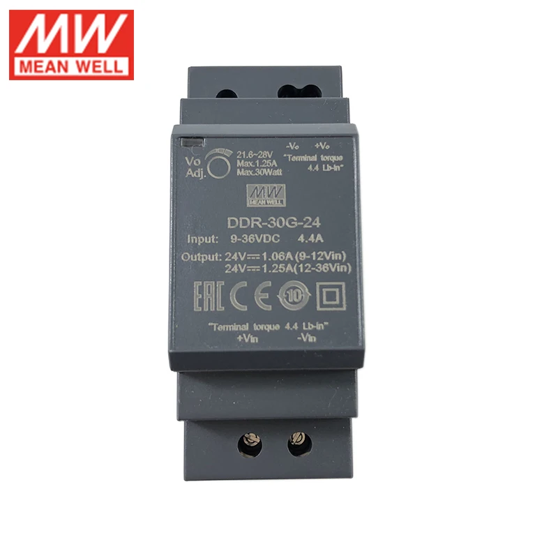 Бренд MEAN WELL представляет DDR-30G-24 30W DIN Rail DC-DC конвертер Вход весом 9-36V постоянного тока в переменный 24V DC 1.25A 30 Вт Средняя мощность питания(12/24Vdc для 24Vdc