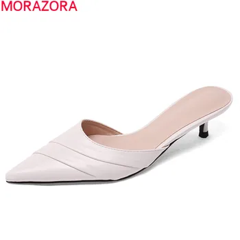 

MORAZORA 2020 new arrival women mules shoes genuine leather shallow slippers stiletto heels pointed toe ladies shoes