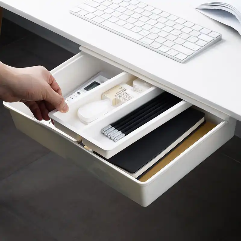 Plastic Desk Drawer Organizer Memo Pen Stationery Storage Box Hidden Under Table