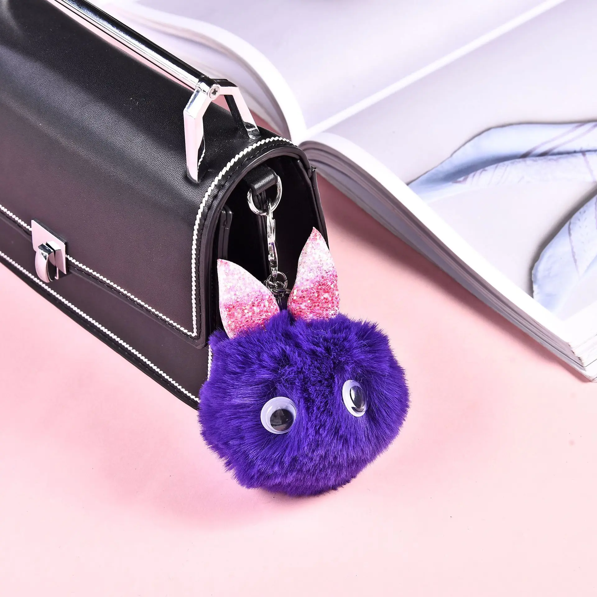 Cute Girl'S Handbag Pendant Gradient Color Super Shiny Small Ears Fuzzy Ball Pendant Elf Car Keychain Pendant