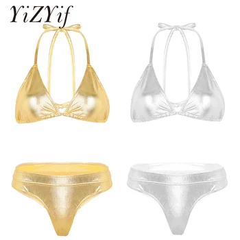

Women bikini bra top 2019 Shiny Metallic Swimsuits Triangle Bikini Set Halter Neck Bikini Top with Mid-rise Thong Briefs Bottoms
