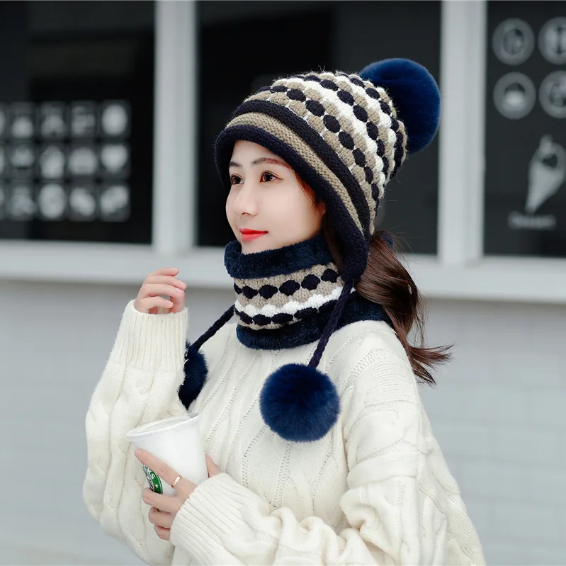 hat and snood 3 Женская зимняя флисовая плотная вязаная шапочка, вязаная шапка с шарфом и снуд, милая девочка, большой помпон, ушанка, Повседневная теплая шапка Skullies Ice - Цвет: hat and snood 3