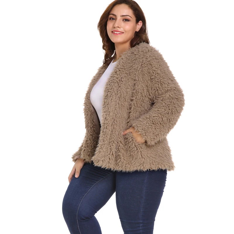 Зимнее теплое пальто Женская куртка из искусственного меха 5XL 6XL Плюс Размер пушистое пальто v-образный вырез без воротника с длинным рукавом плюшевый пиджак верхняя одежда