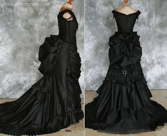 

Vintage Gothic Victorian Bustle Gown with Train Vampire Ball Masquerade Halloween Black Wedding Dress Steampunk Goth 19th