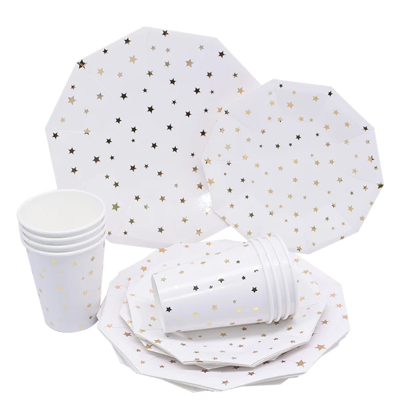 44 шт розовые золотые тарелки/чашки/салфетки вечерние одноразовые столовые приборы набор белые тарелки звезды чашки для Свадьбы Дети Декор