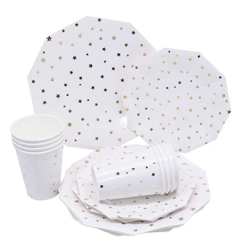 

44Pcs Rose Gold Plates/Cups/Napkins Party Disposable Tableware Set White Star Plates Cups For Wedding Kids Birthday Party Decor