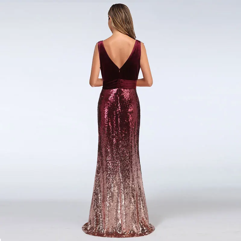 Charming V Neck Sleeveless Mermaid Evening Dresses Fashion Sequins V Back Burgundy Champagne Formal Prom Gowns