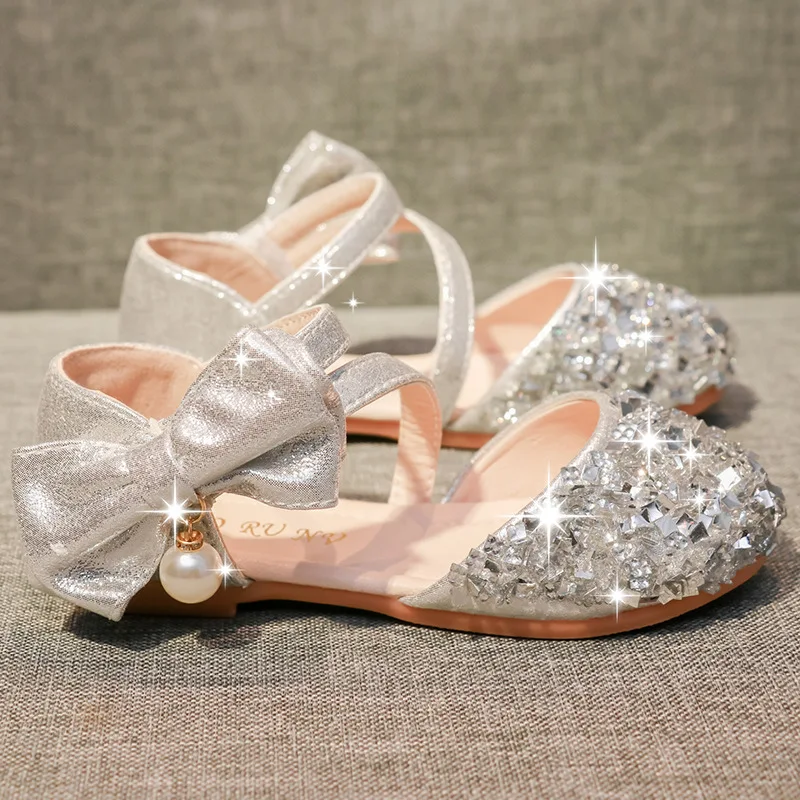 ULKNN Fashion Children Bowtie Sequins Rhinestone Sandals Princess Girls Big Kids Leather Soft Bottom Beach Shoes 3-12 Years