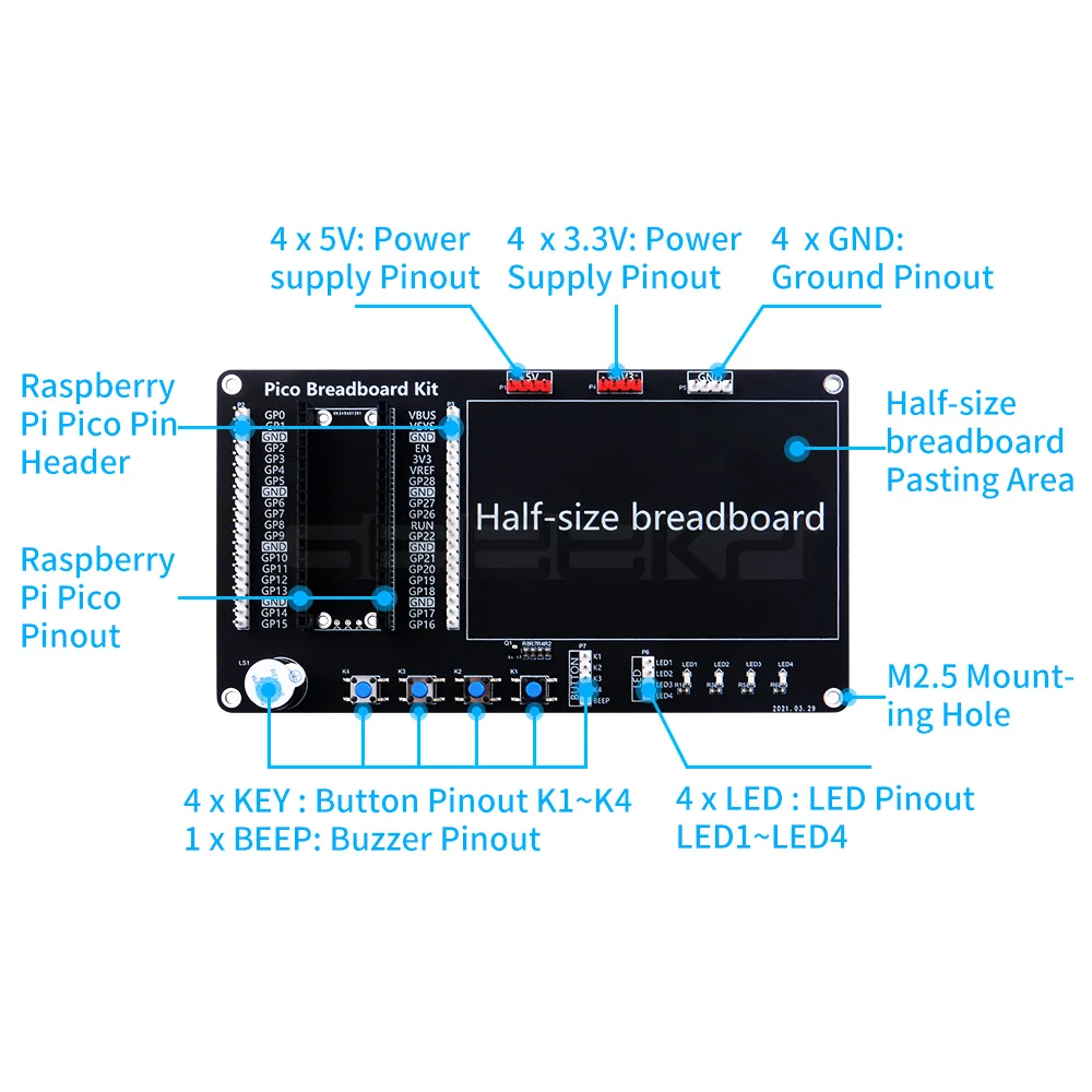 Raspberry Pi Pico/Pico W Breakout Breadboard Kit Support LED Lights Buttons Buzzer
