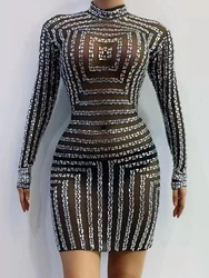Special Occasion Gala Date Scene Sparkly Rhinestones Black Mesh Dress Evening Party Birthday Celebrate  Costume Singer Dance
