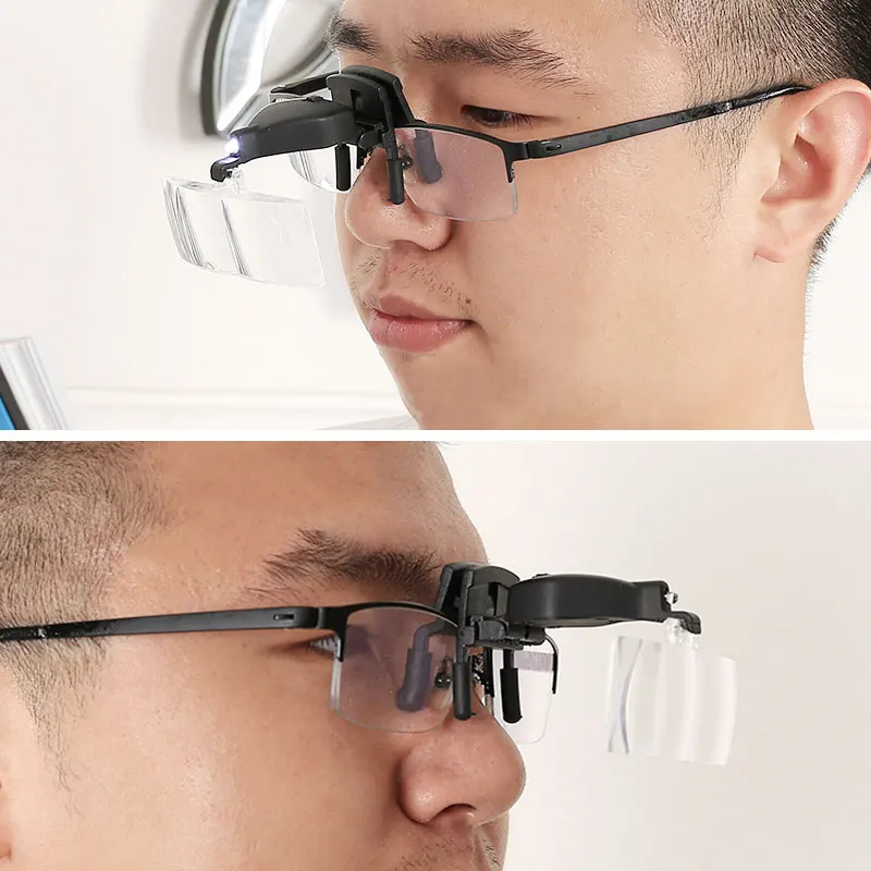Magnifying Glass 1.5X 2.5X 3.5X Multi Power Illuminated Eyeglasses Clip Third Hand Lighted Low Vision Loupe