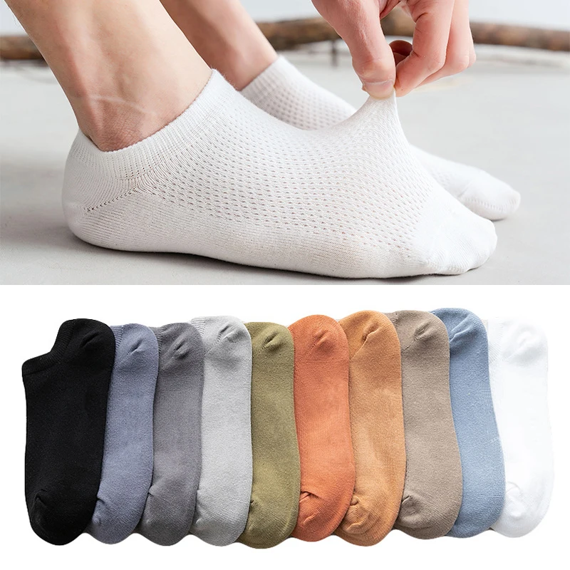 HSS 5 Pairs 100% Cotton Men Short Socks Mesh Breathable Ankle Socks Solid Color Casual Boat Socks Male Street Fashions EUR 38-44