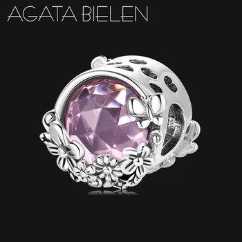 

Hight Quality 925 Sterling Silver Flowers Butterfly Charms AAA Pink Cubic Zirconia fits Original Women Bracelet DIY Fine Jewelry