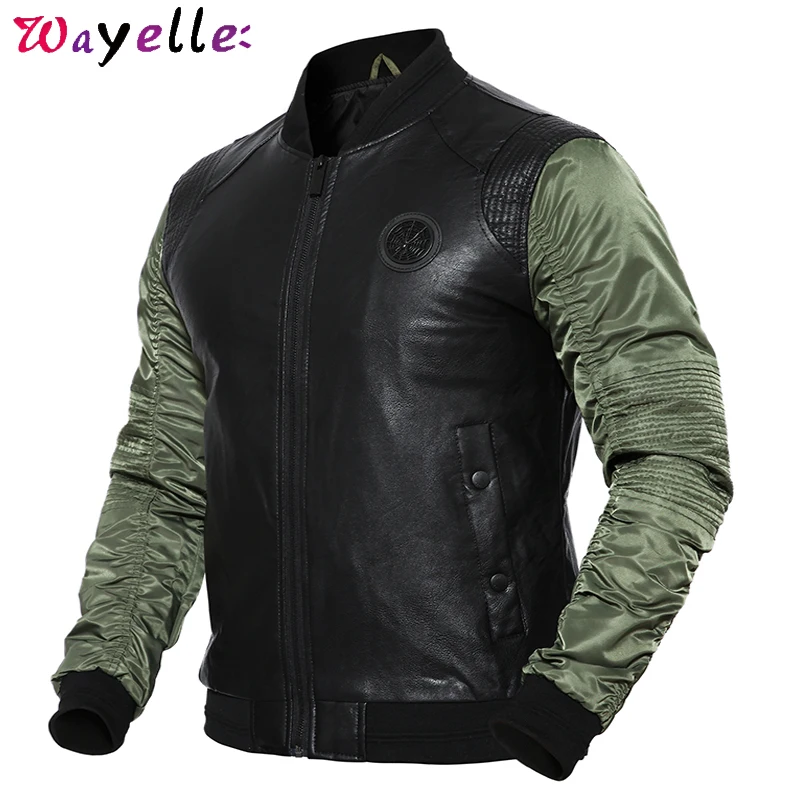 

Men Bomber Jacket Fashion Pilot Jacket Coat Patchwork PU Leather Jackets Spring Autumn Military Motorcycle Jackets Men Jacket