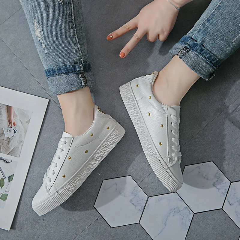 

2018 Autumn New Style-Style Leather White Shoes Women's Korean-style Versatile Sneaker Low Top Flat Students Shoes Casual Shoes