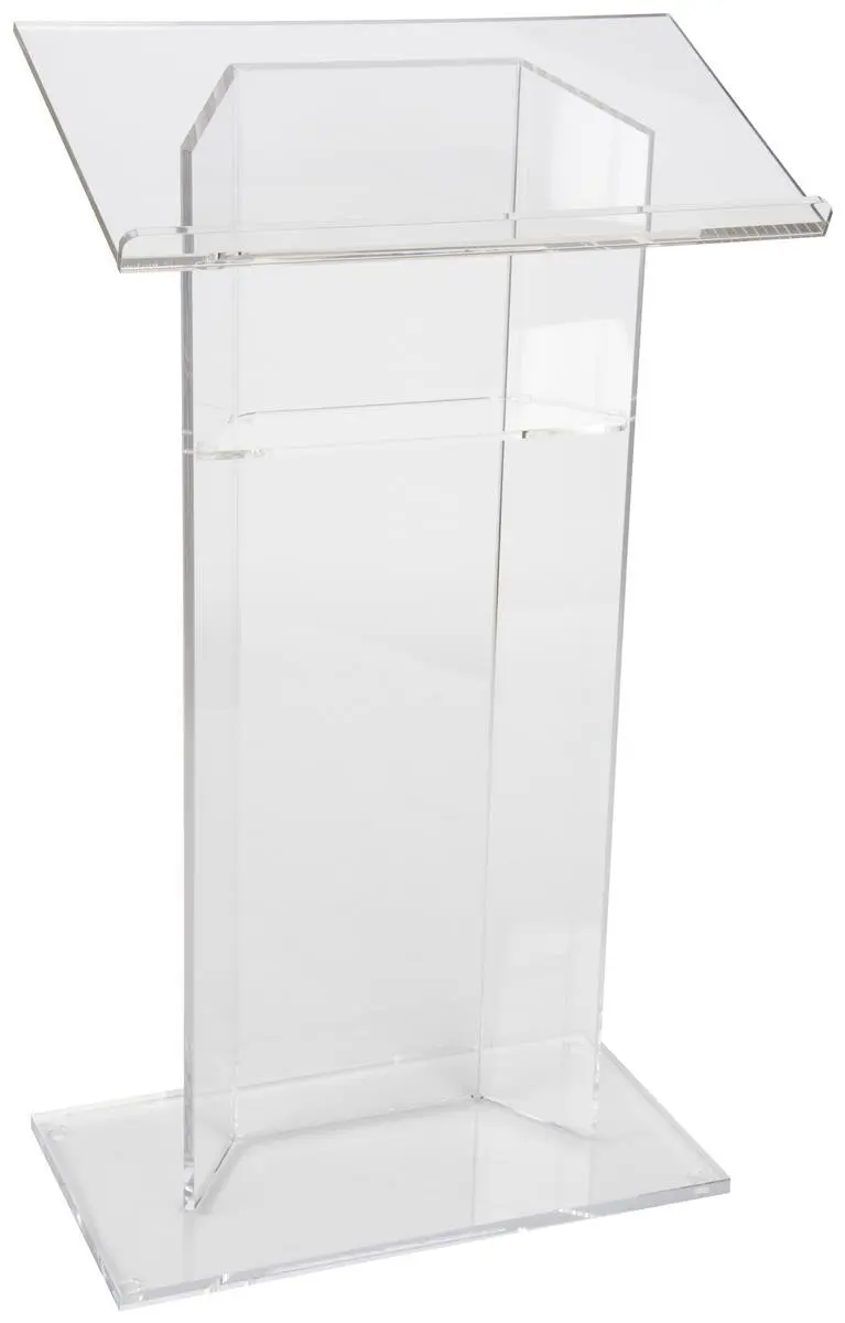 Clear Church Pulpit Lectern, Thick Acrylic, No Assembly, Inner Shelf, Pedestal Base (LECTCV) plexiglass