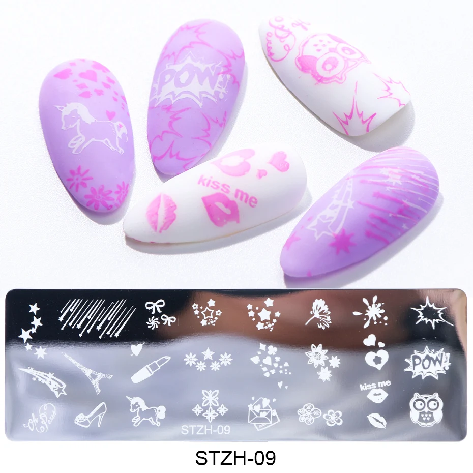 1pcs Nail Art Stamps Nail Stamping Plates Templates Letters Butterfly Leaves Cats Stars Gel Polish Manicure Stencils TRSTZH01-12