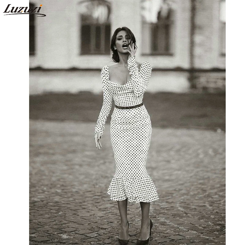 Luzuzi, элегантное, белое, Узловое, на бретелях, в горошек, Русалка, подол, летнее, карандаш, миди, платье, женское, тонкое, бодикон, для офиса, леди, плиссированное платье