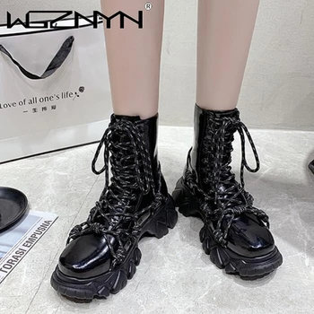 

NEW Product Fashion Motorcycle Boots Women Platform Thick Heel Martens Boots Leather Lace-Up Ankle Boots Shoes Woman Botas Mujer