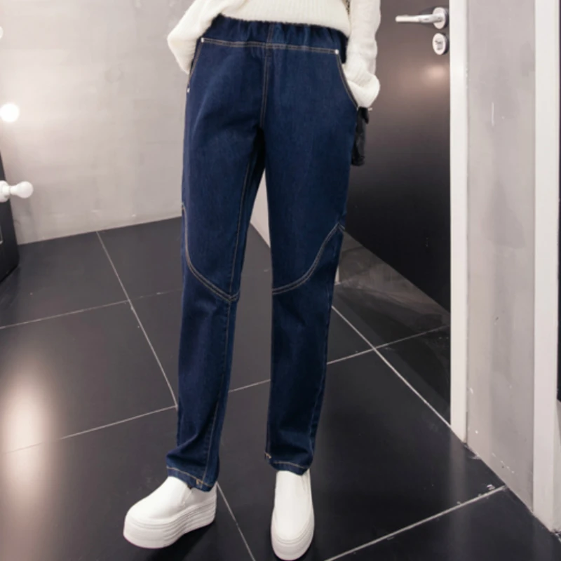 Blue (Non Fleece) Женские зимние теплые флисовые с подкладкой размера плюс с эластичной талией джинсы шаровары - Цвет: Blue (Non Fleece)