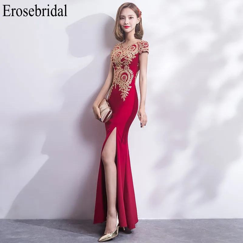 Erosebridal Золотое кружевное вечернее платье Длинные элегантные вечерние платья сексуальное переднее раздельное красное платье на молнии сзади халат soiree