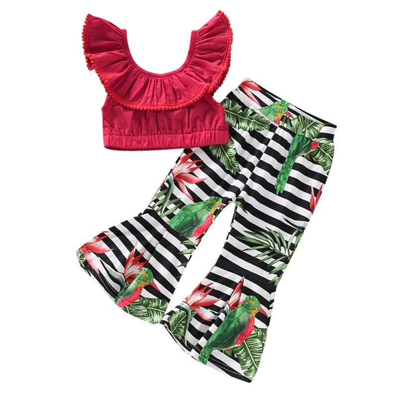 

2Pcs/Set Summer Baby Girls Casual Off-shoulder Flare Sleeve T-shirt Tops+Floral Striped Pants Suits