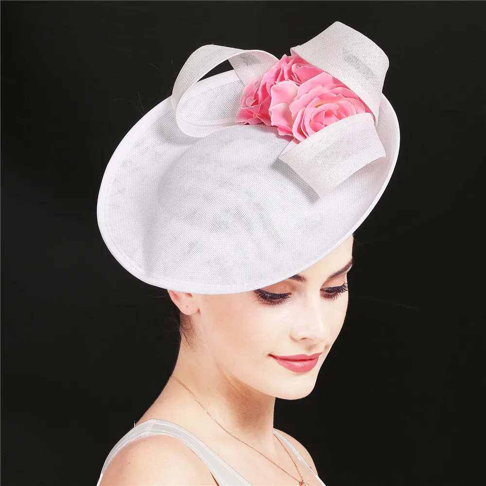 

white fascinators pink flower Imitation sinamay hats gorgeous ladies headwear women big derby kenducky millinery loops headpiece