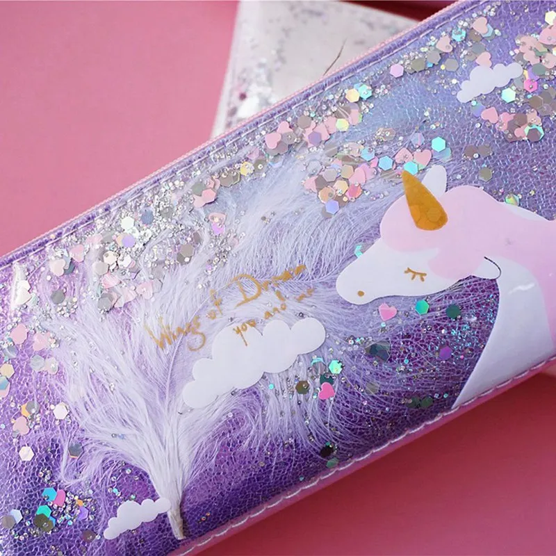 Unicorn Pencil Case Rainbow Feather Pencilcase For Girl Stationery School Cute Pen Box Student Supply Sequin Cosmetic Bag
