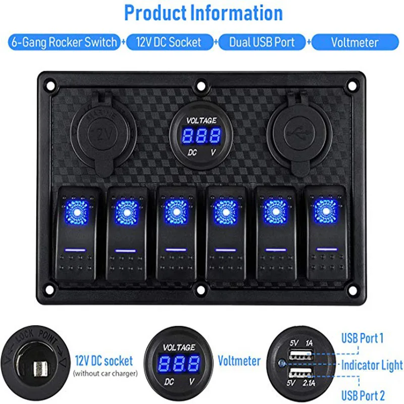 

Kohree 6/8 Boat Gang Rocker Switch Panel LED12V Marine Switch RV Digital Voltmeter Display For Car Truck USB Charger