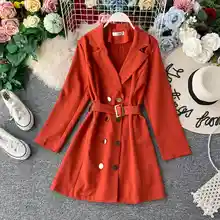 แฟชั่นเปิดลงปกเสื้อแขนยาว 2019 ฤดูใบไม้ผลิฤดูใบไม้ร่วงผู้หญิงคู่ปานกลางยาวจีบกับเข็มขัด(China)