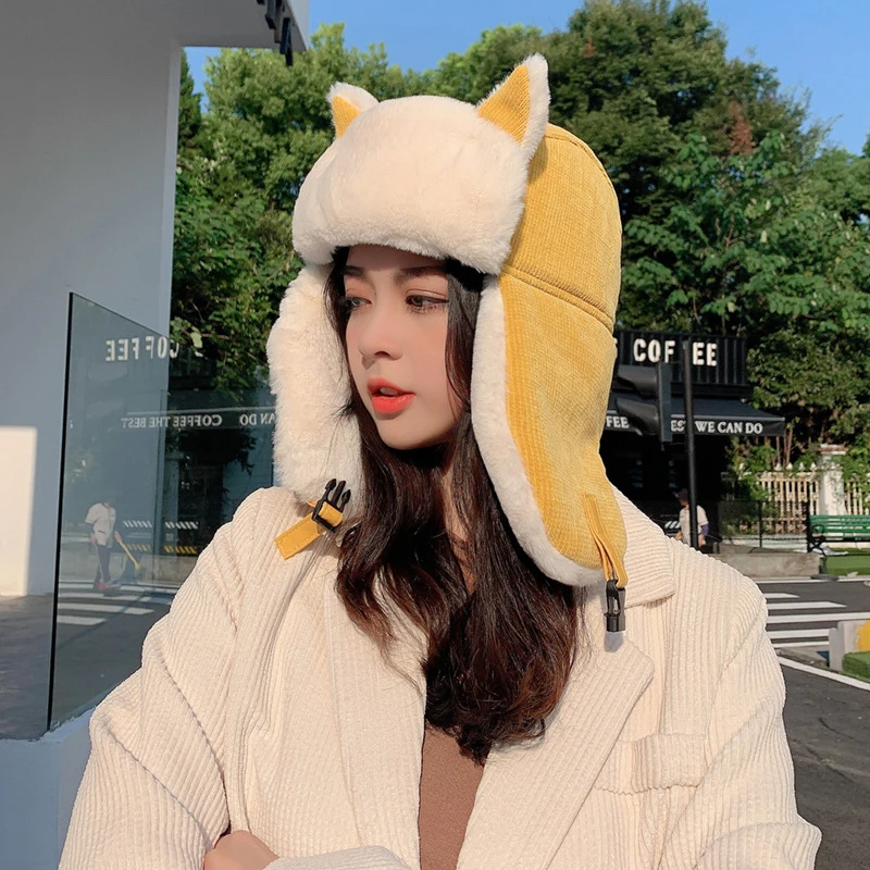 Winter Hat Knitted Earflap Hat Women Warm Earmuffs Thicken Ear-flapped Hat Winter Cashmere Plush Cotton Hat Cat Ears Cap Winter Russian Bomber