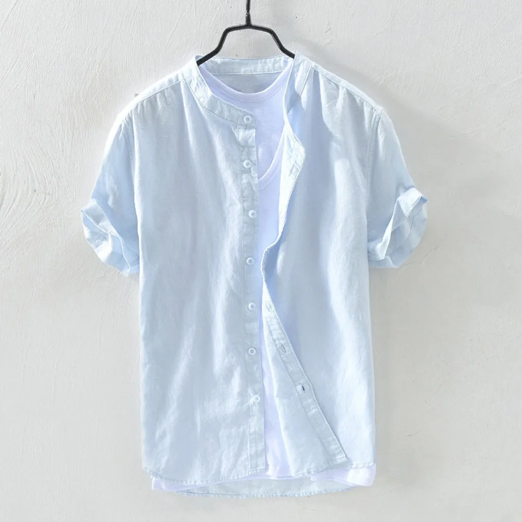 Мужская блузка с короткими рукавами Новое хлопковое белье сплошной цвет свободная кнопка ретро модная футболка Повседневная дышащая удобная верхняя одежда# Y