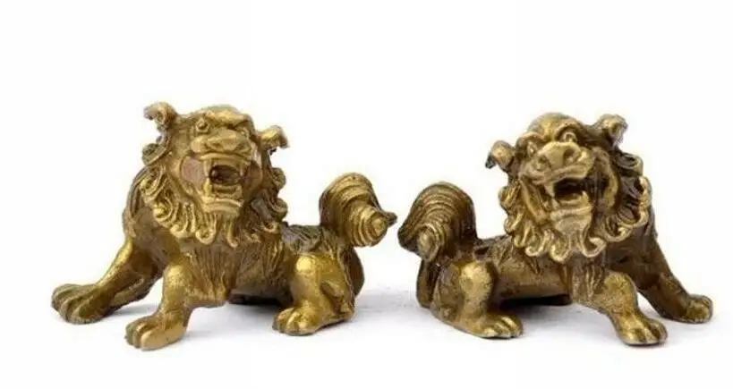 

Lucky Chinese Fengshui Pure Brass Guardian Foo Fu Dog Lion Statue Pair AAAAAAAA Free shipping