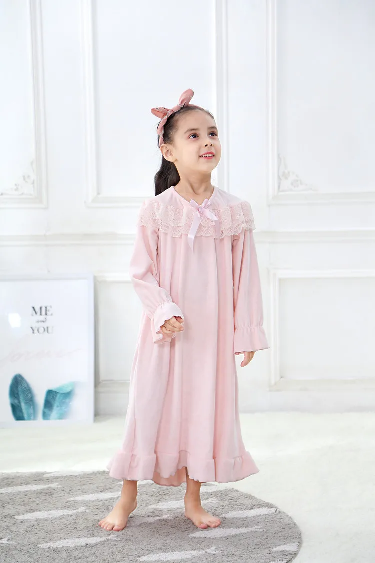 Vestido para Meninas Primavera Meninas Camisola Rosa Flanela Longo Noite Europeu Solto Macio Crianças Pijamas Rendas Homewear 5 Conjuntos de pijama