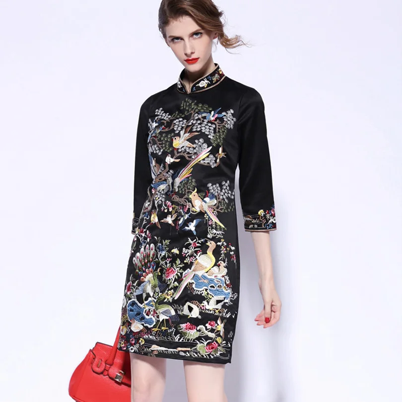 Новое осеннее платье китайский стиль Ретро Вышивка стоячий воротник cheongsam тонкое свадебное вечернее платье S-3XL