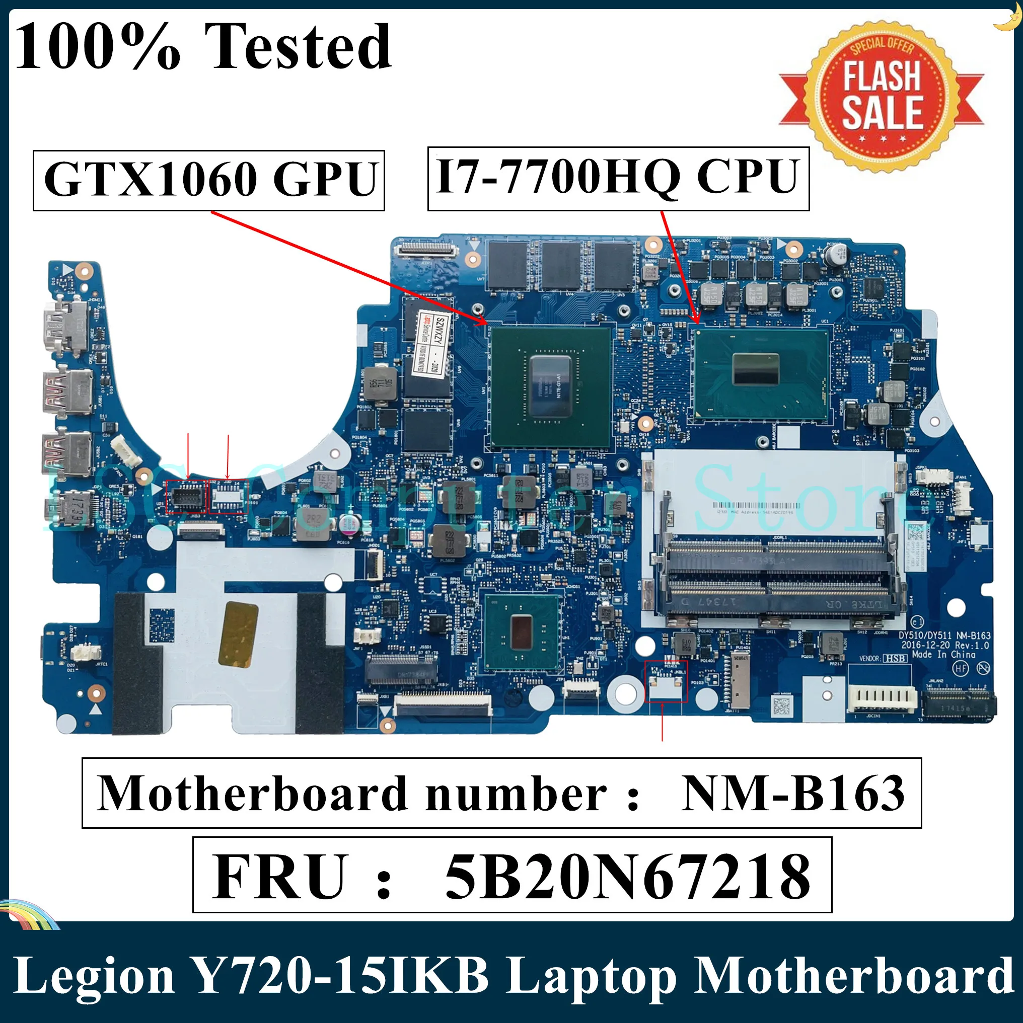 For Legion Y720-15ikb Laptop Motherboard With I7-7700hq Gtx1060 Gpu Fru 5b20n67218 Nm-b163 100% Test - Laptop Motherboard - AliExpress