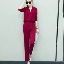 Модный спортивный костюм для женщин из 2 предметов с v-образным вырезом, длинным рукавом и длинными штанами, однотонный кружевной топ+ штаны, набор# D