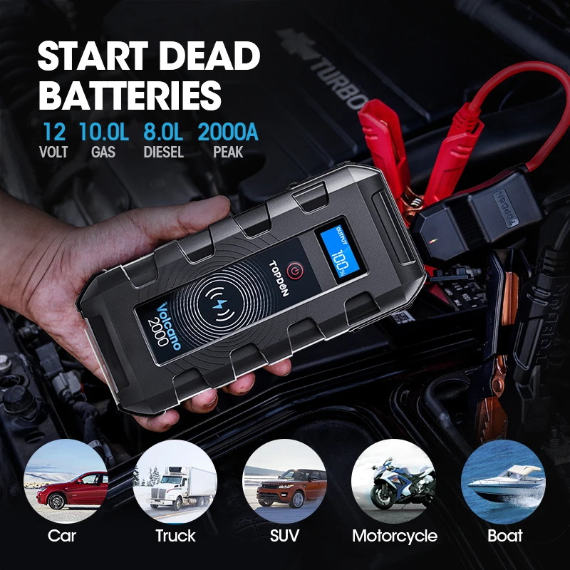 TOPDON V2000 Car Jump Starter 20800mAh 12V 2000A Peak Emergency Starter 10W Wireless Charger Car Battery Power Bank SOS Flashlig Car Battery Chargers Car Lights Car Repair Electronics OUTSIDE THE CAR Phone Accessories PODUCTS - JUST IN cb5feb1b7314637725a2e7: Jump Starter