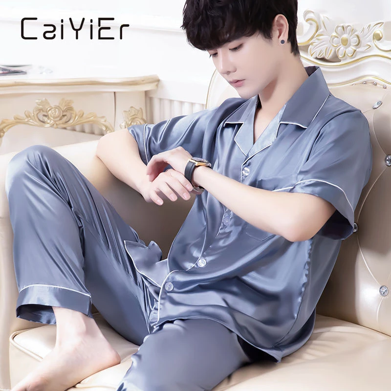 black silk pajamas CAIYIER Summer Men Pajamas Set Short Sleeve Blue Male Sleepwear Soft Casual Fashion Men's Silk Nightwear Long Pants Loungewear mens silk pajama set