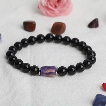 

10Pcs/Lot Natural Purple Charoite Nugget Beads Black Agates 8mm Round Beads Knotted Elastic String Bracelet Friendship Jewelry